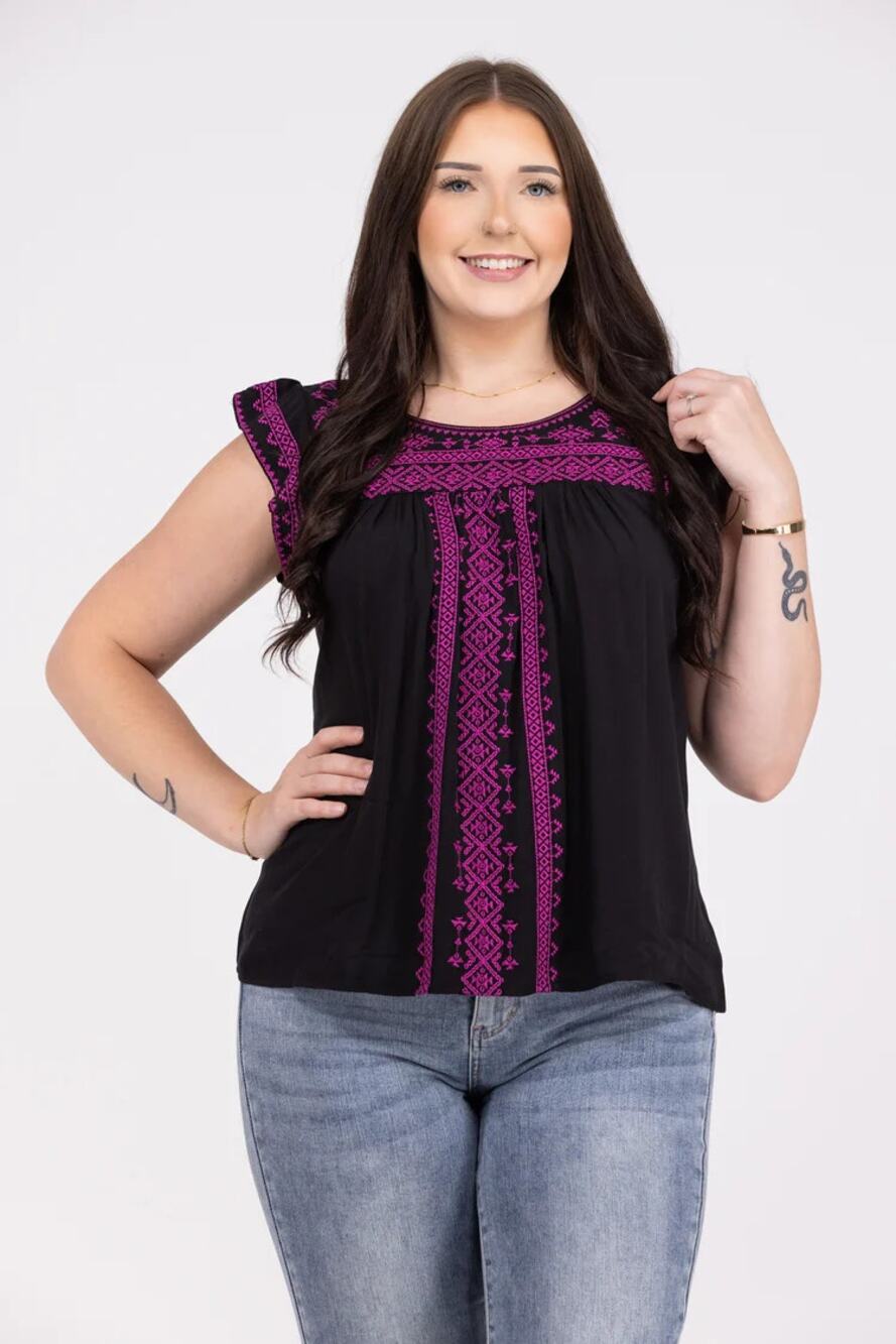 NWT Savanna Jane Babydoll Blouse Small Black Magenda Embroidered Cap Sleeve